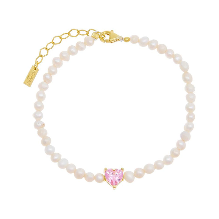 Sapphire Pink Colored CZ Heart Pearl Bracelet - Adina Eden's Jewels