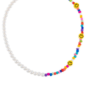 Multi-Color Smiley Face X Pearl Necklace - Adina Eden's Jewels