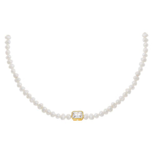 Pearl White / Emerald CZ Emerald Bezel Pearl Choker - Adina Eden's Jewels