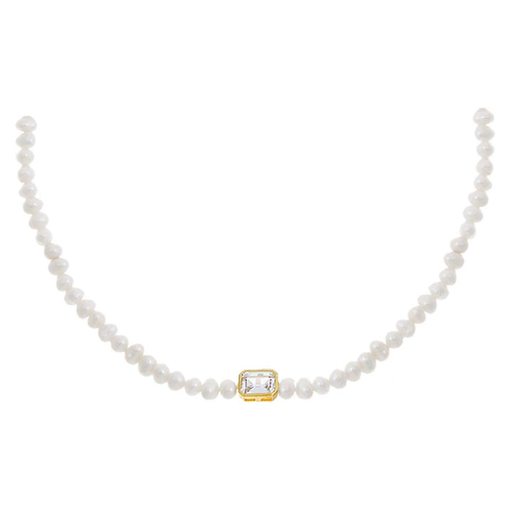 Pearl White / Emerald CZ Emerald Bezel Pearl Choker - Adina Eden's Jewels