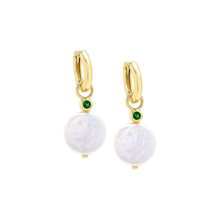 Emerald Green / Pair Colored CZ Bezel Pearl Drop Huggie Earring - Adina Eden's Jewels