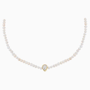 Pearl White / Pear CZ Teardrop Bezel Pearl Choker - Adina Eden's Jewels