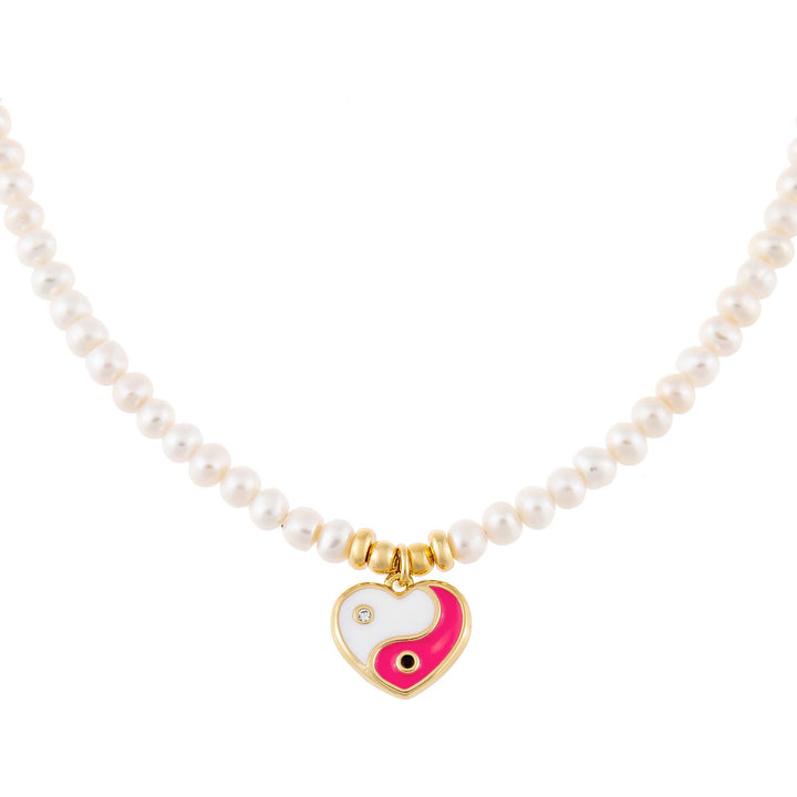 Neon Pink Yin & Yang Heart Pearl Necklace - Adina Eden's Jewels