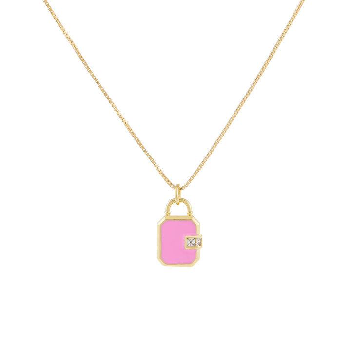Sapphire Pink CZ Enamel Lock Charm Necklace - Adina Eden's Jewels