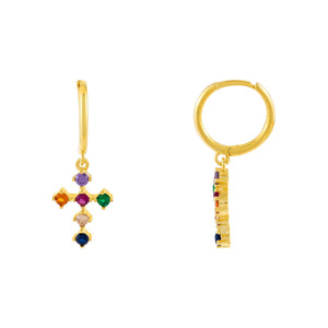 Multi-Color CZ Rainbow Cross Huggie Earring - Adina Eden's Jewels