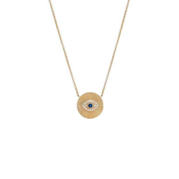 14K Gold Diamond X Sapphire Blue Evil Eye Ridged Coin Necklace 14K - Adina Eden's Jewels