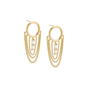 Gold / Pair Dangling Chain X Baguette Stud Earring - Adina Eden's Jewels