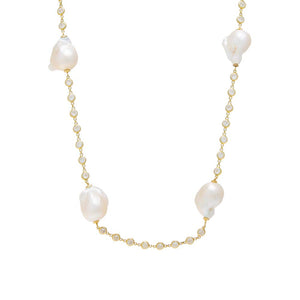 Pearl White CZ Bezel Chain Baroque Pearl Necklace - Adina Eden's Jewels