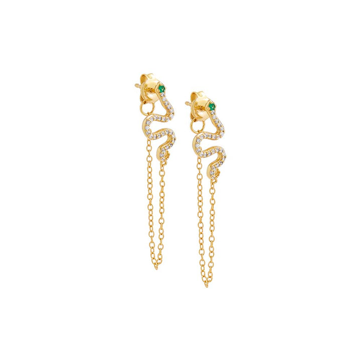 Emerald Green / Pair Pavé Snake Front Back Chain Stud Earring - Adina Eden's Jewels
