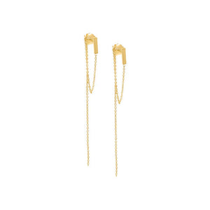14K Gold / Pair Solid Bar Double Chain Drop Down Stud Earring 14K - Adina Eden's Jewels