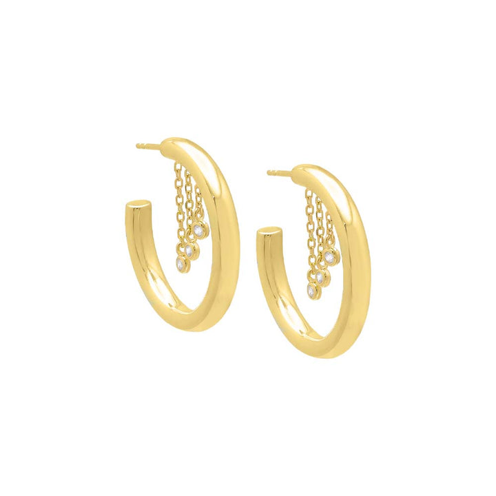 Gold Dangling CZ Bezel Hollow Hoop Earring - Adina Eden's Jewels