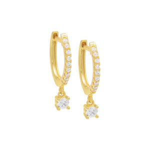 Gold Pavé Dangling Solitaire Huggie Earring - Adina Eden's Jewels