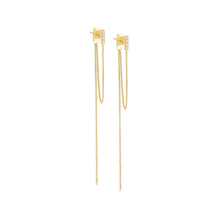14K Gold / Pair Pave Bar Double Chain Drop Stud Earring 14K - Adina Eden's Jewels