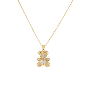 Gold CZ Heart Teddy Bear Necklace - Adina Eden's Jewels