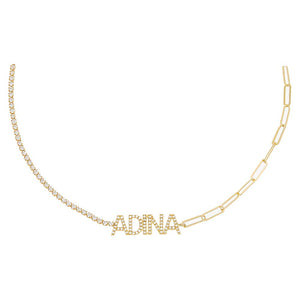 Gold Colored Pavé Block Nameplate Tennis/Chain Choker - Adina Eden's Jewels