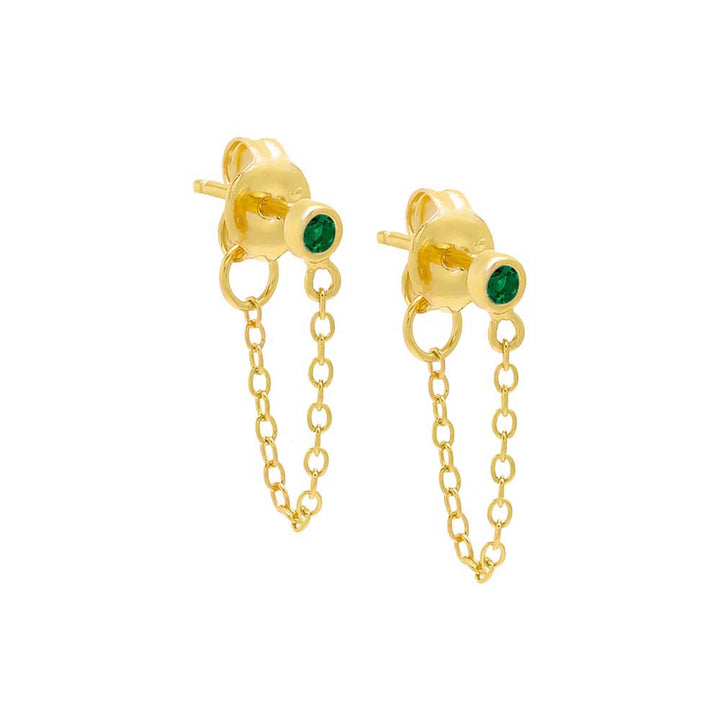 Emerald Green / Pair Tiny Bezel Chain Front Back Stud Earring - Adina Eden's Jewels