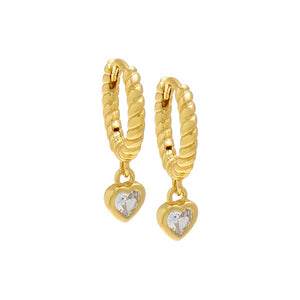 Gold / Pair Dangling Bezel Heart Textured Huggie Earring - Adina Eden's Jewels