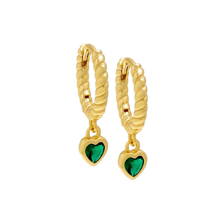 Green / Pair Dangling Bezel Heart Textured Huggie Earring - Adina Eden's Jewels