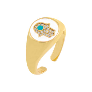 White Enamel Hamsa Adjustable Ring - Adina Eden's Jewels
