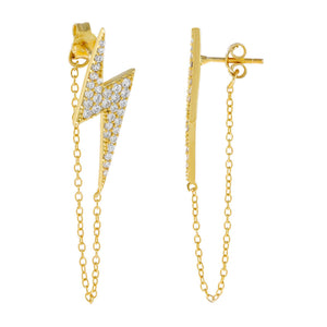 Gold Pavé Large Lightning Bolt Chain Drop Earring - Adina Eden's Jewels