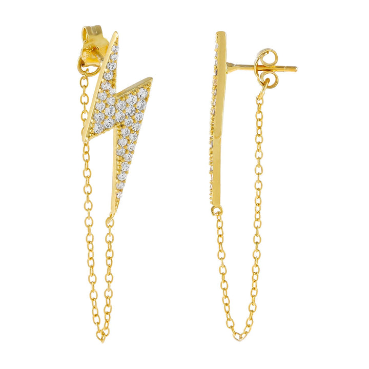 Gold Pavé Large Lightning Bolt Chain Drop Earring - Adina Eden's Jewels