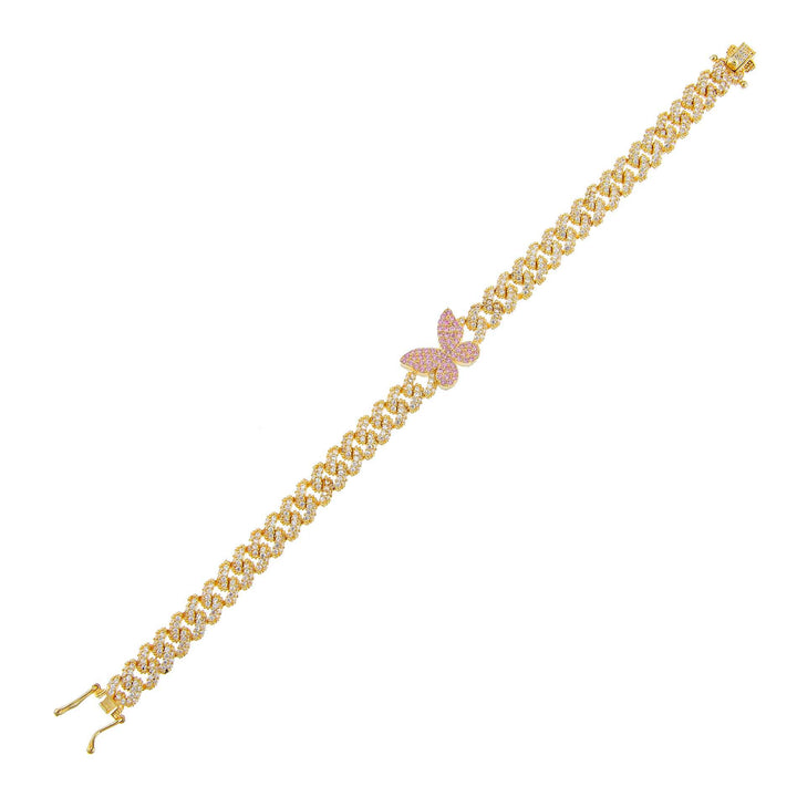 Gold Pavé Pink Butterfly Chain Link Bracelet - Adina Eden's Jewels