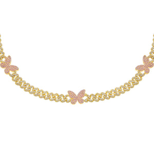 Gold Pavé Pink Butterfly Chain Link Choker - Adina Eden's Jewels