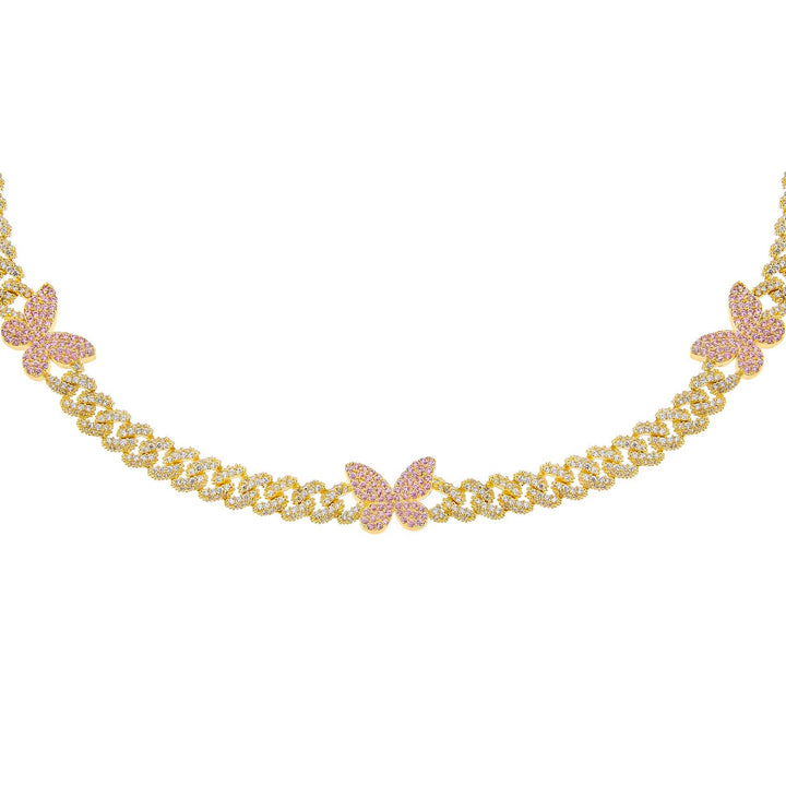 Gold Pavé Pink Butterfly Chain Link Choker - Adina Eden's Jewels