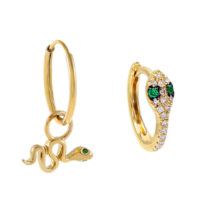 Emerald Green Diamond Snake Huggie Earring Combo Set 14K - Adina Eden's Jewels