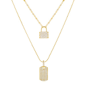 Gold Pavé Lock X Dog Tag Layered Necklace - Adina Eden's Jewels