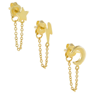 Gold Tiny Celestial Chain Stud Earring Combo Set - Adina Eden's Jewels