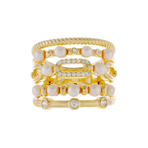 Gold / 7 CZ Pearl X Rope Ring - Adina Eden's Jewels