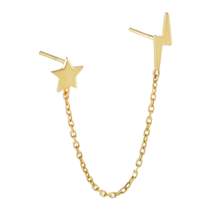 Gold Solid Star X Lightning Chain Stud Earring - Adina Eden's Jewels