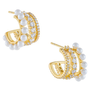 Pearl White CZ X Pearl Hoop Earring - Adina Eden's Jewels