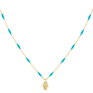Turquoise CZ Hamsa X Turquoise Enamel Chain Necklace - Adina Eden's Jewels