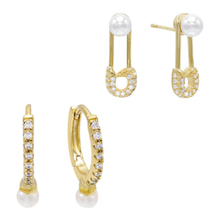 Combo Safety Pin X Pearl Earring Combo Set - Adina Eden's Jewels