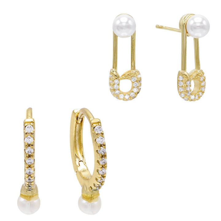 Combo Safety Pin X Pearl Earring Combo Set - Adina Eden's Jewels