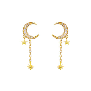 Gold CZ Crescent Chain Drop Stud Earring - Adina Eden's Jewels