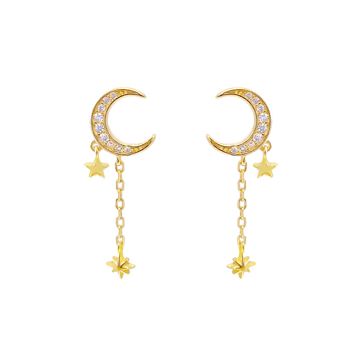 Gold CZ Crescent Chain Drop Stud Earring - Adina Eden's Jewels