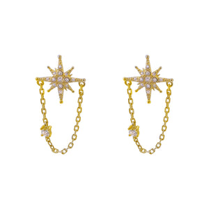 Gold CZ Starburst Chain Stud Earring - Adina Eden's Jewels
