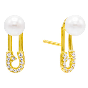 Pearl White Safety Pin Pearl Stud Earring - Adina Eden's Jewels