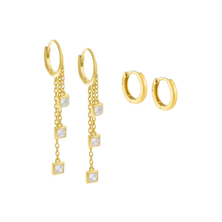 Gold Square Bezel Multi Chain Drop Huggie Earring Combo Set - Adina Eden's Jewels