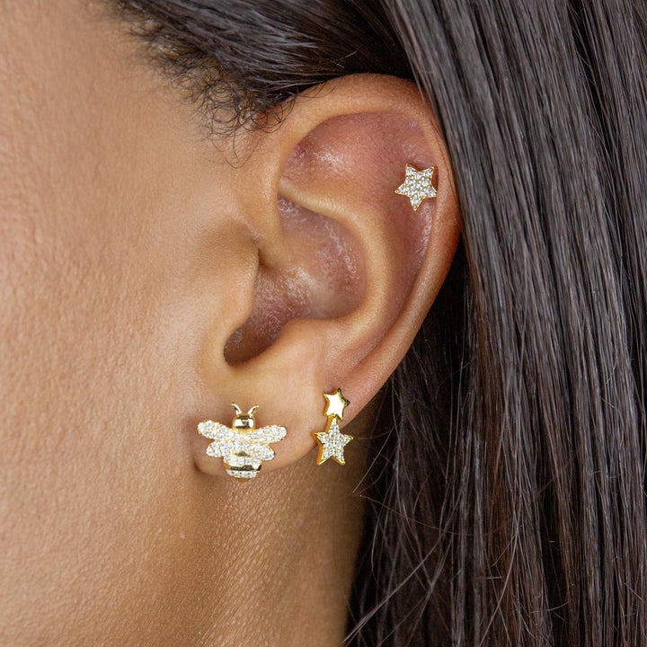  CZ X Solid Double Star Stud Earring - Adina Eden's Jewels