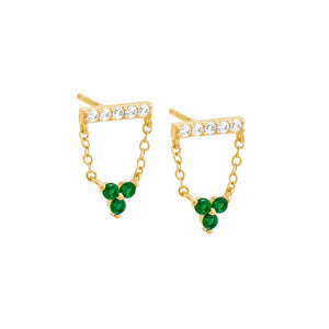 Emerald Green / Pair Pavé Bar X Cluster Chain Stud Earring - Adina Eden's Jewels