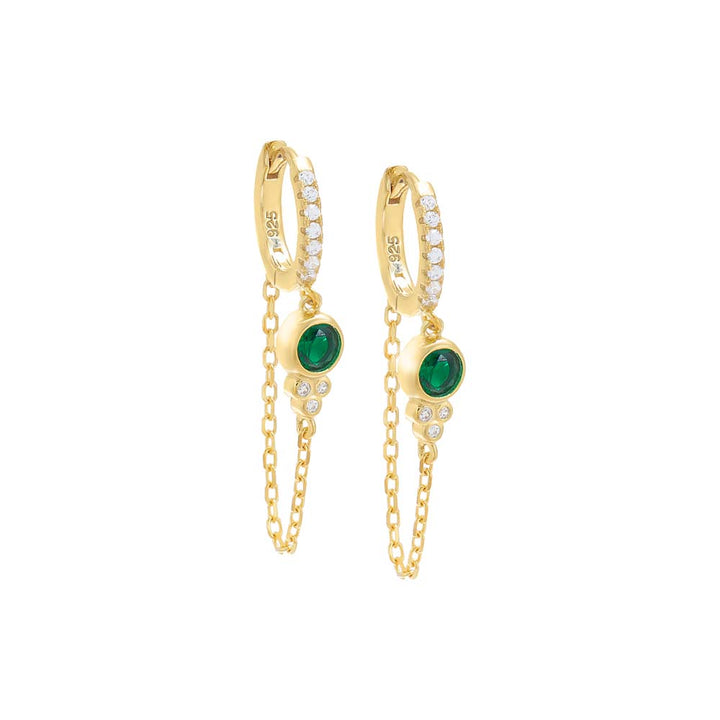 Emerald Green / Pair Pavé Colored Bezel Drop Chain Huggie Earring - Adina Eden's Jewels