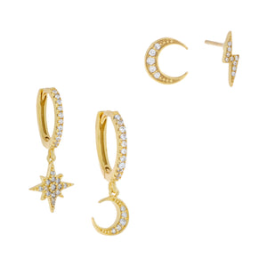 Gold Pavé Celestial Mismatched Earring Combo Set - Adina Eden's Jewels