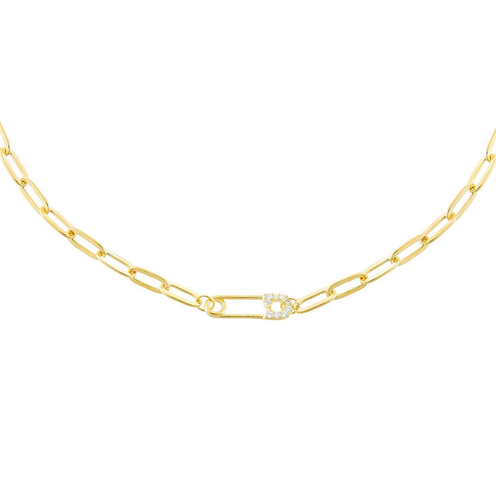 Gold Pavé Safety Pin Link Necklace - Adina Eden's Jewels
