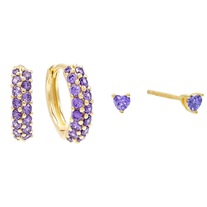 Amethyst Purple Huggie X Heart Stud Earring Combo Set - Adina Eden's Jewels