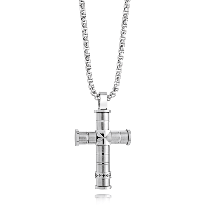 Silver Steel Brushed Polished Black CZ Cross Necklace - Adina Eden's Jewels