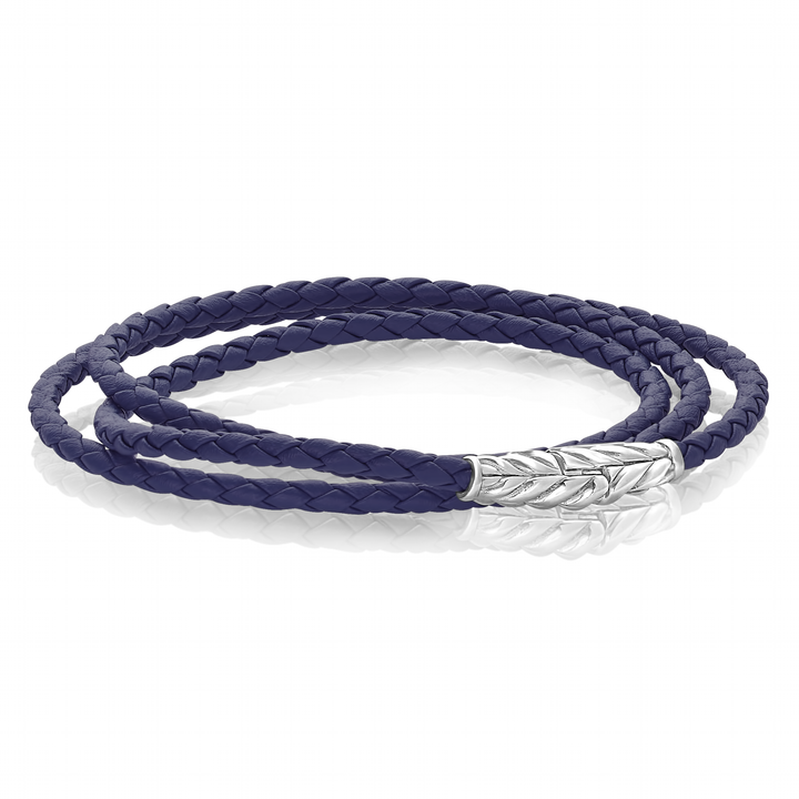 Black Steel Wrap Navy Blue Leather Bracelet - Adina Eden's Jewels